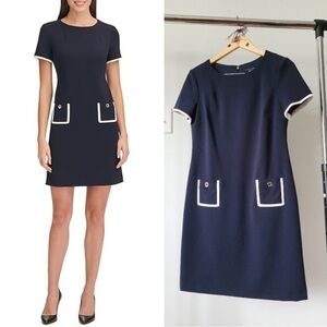 TOMMY HILFIGER Navy Short Sleeve Trim Pocket Shift Dress (Size 14)